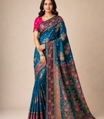 blue embroidery flower border with minakari jaqurad rajwada pasmina silk saree