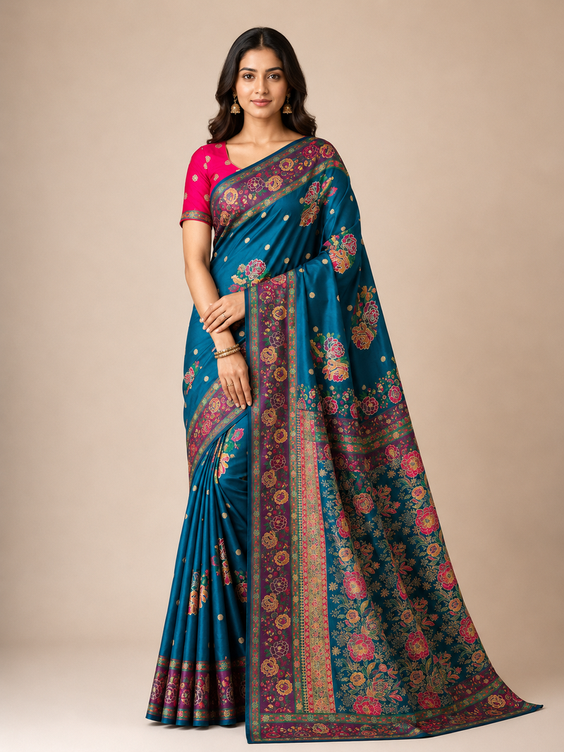 blue embroidery flower border with minakari jaqurad rajwada pasmina silk saree