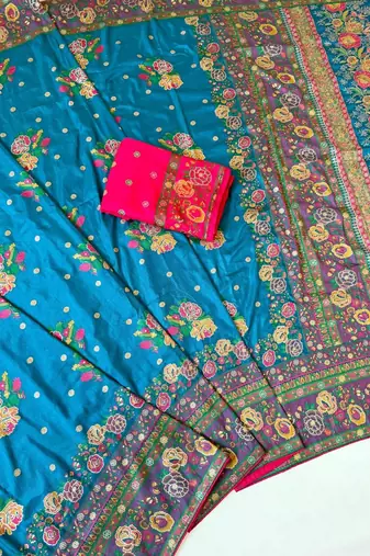 blue embroidery flower border with minakari jaqurad rajwada pasmina silk saree