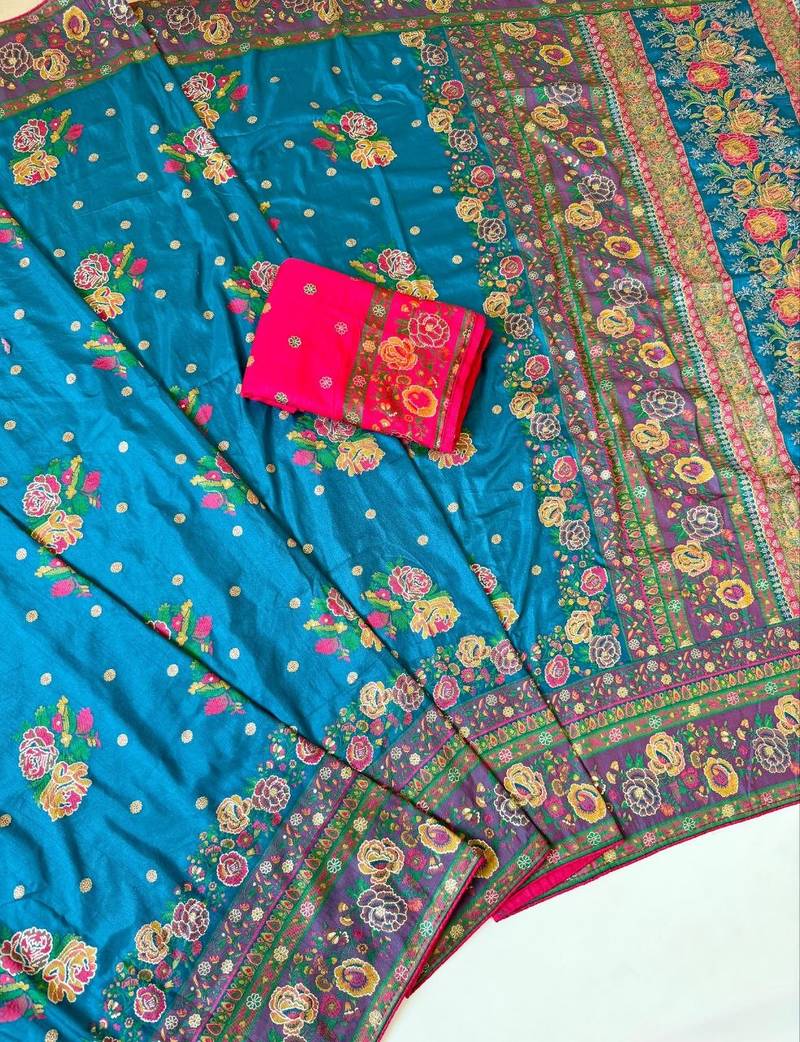 blue embroidery flower border with minakari jaqurad rajwada pasmina silk saree
