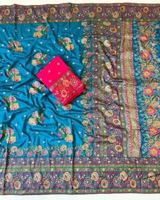 blue embroidery flower border with minakari jaqurad rajwada pasmina silk saree 3