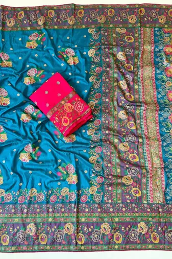 blue embroidery flower border with minakari jaqurad rajwada pasmina silk saree