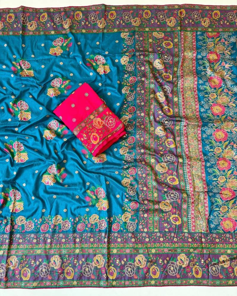 blue embroidery flower border with minakari jaqurad rajwada pasmina silk saree