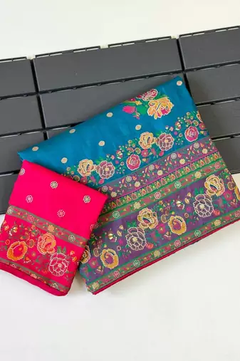 blue embroidery flower border with minakari jaqurad rajwada pasmina silk saree