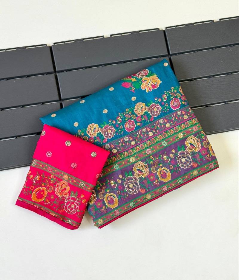 blue embroidery flower border with minakari jaqurad rajwada pasmina silk saree