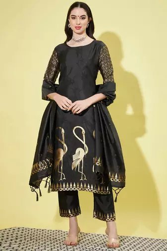 Floral printed cotton silk round neck kurta trouser & dupatta set