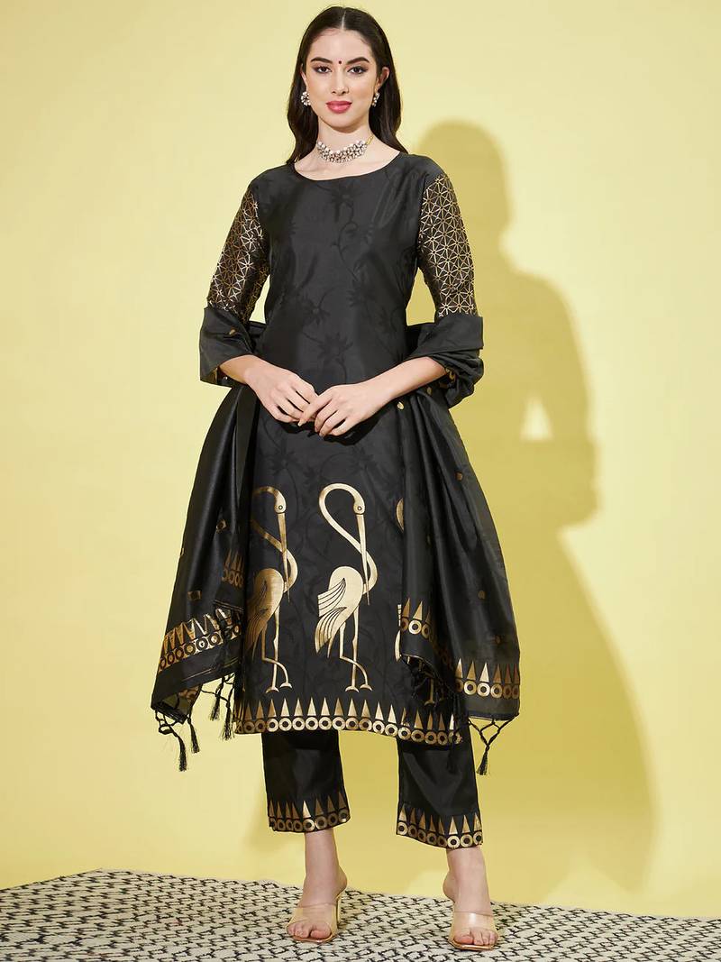 Floral printed cotton silk round neck kurta trouser & dupatta set
