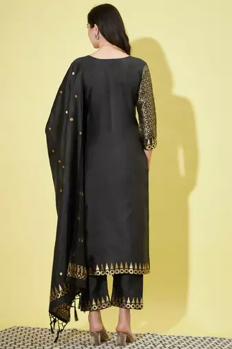 Floral printed cotton silk round neck kurta trouser & dupatta set