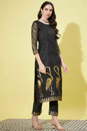 Floral printed cotton silk round neck kurta trouser & dupatta set