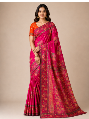 pink embroidery flower border with minakari jaqurad rajwada pasmina silk saree 1