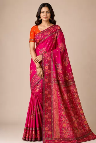 pink embroidery flower border with minakari jaqurad rajwada pasmina silk saree