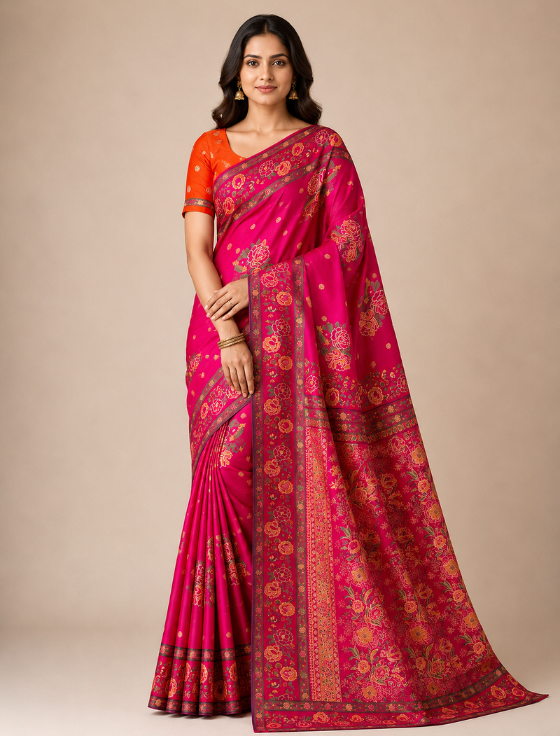 pink embroidery flower border with minakari jaqurad rajwada pasmina silk saree