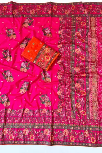 pink embroidery flower border with minakari jaqurad rajwada pasmina silk saree