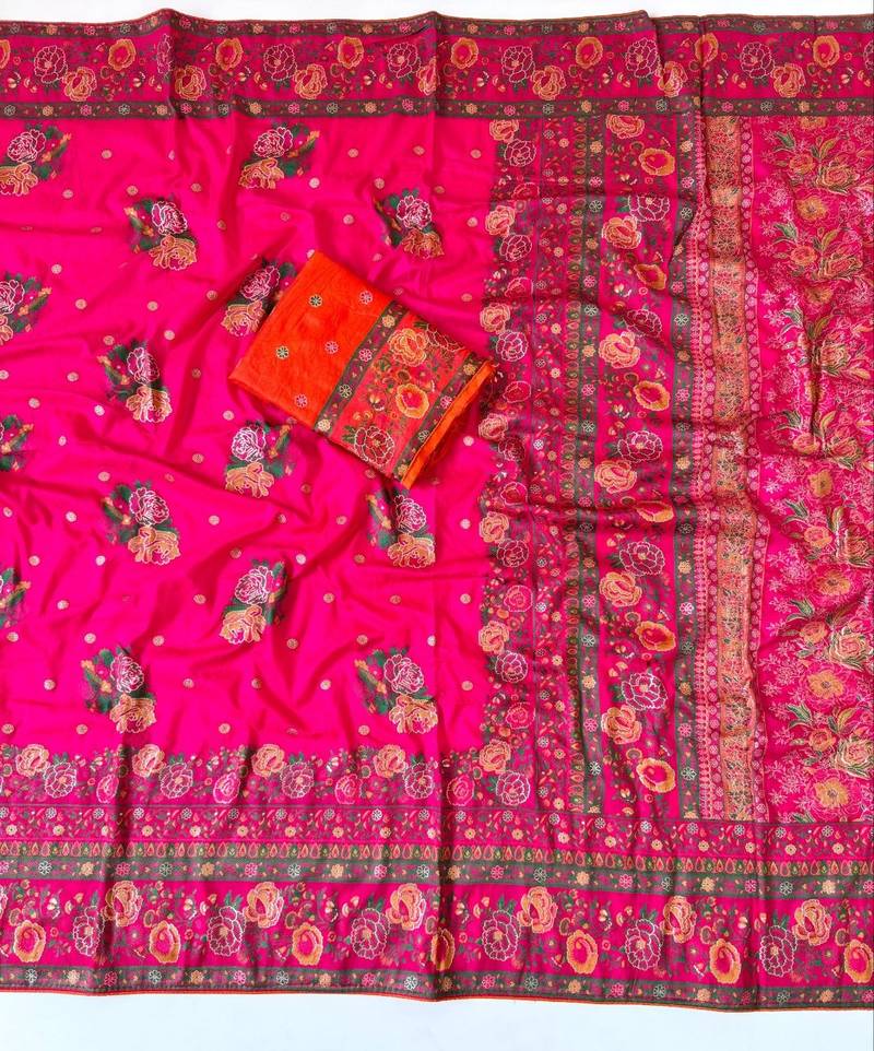 pink embroidery flower border with minakari jaqurad rajwada pasmina silk saree