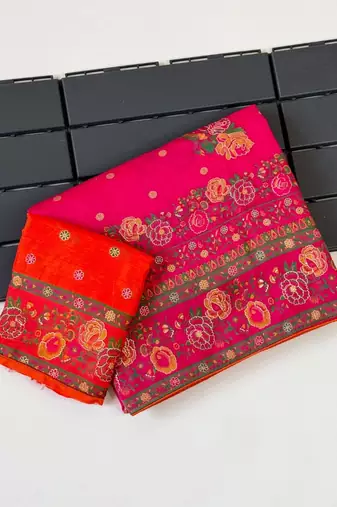 pink embroidery flower border with minakari jaqurad rajwada pasmina silk saree