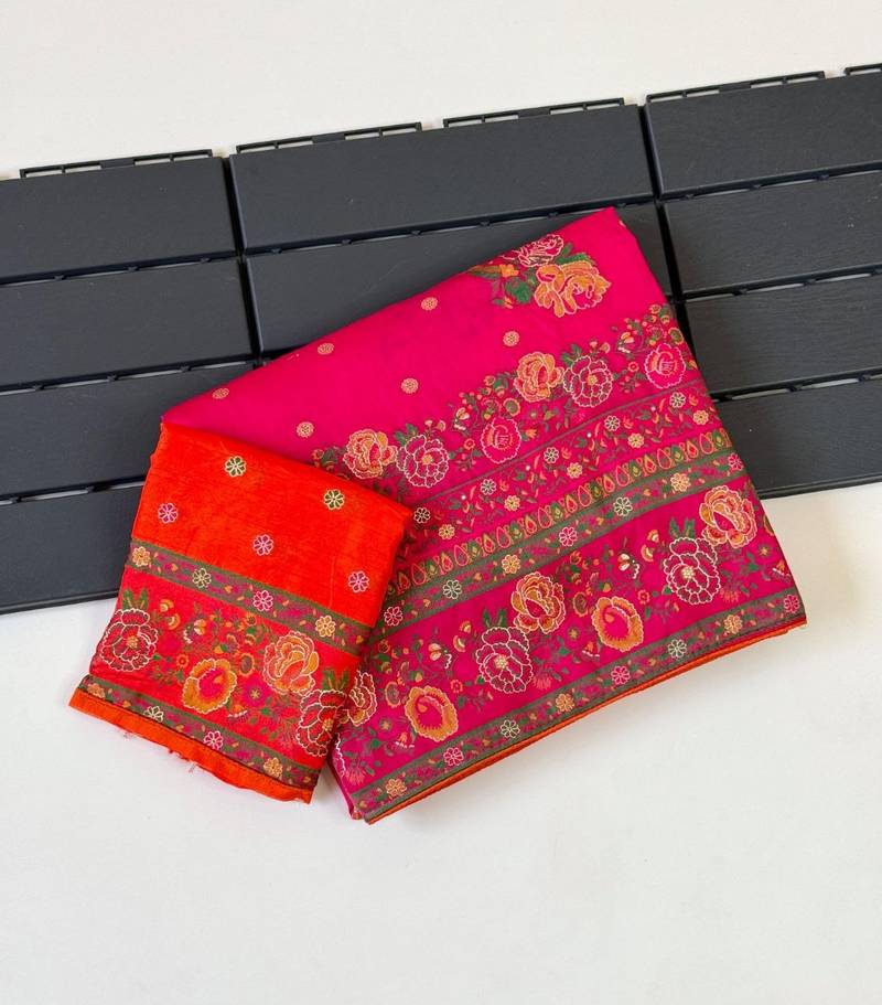 pink embroidery flower border with minakari jaqurad rajwada pasmina silk saree