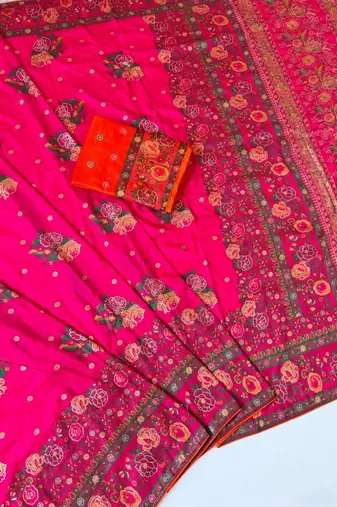 pink embroidery flower border with minakari jaqurad rajwada pasmina silk saree