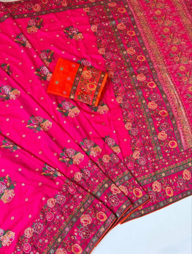pink embroidery flower border with minakari jaqurad rajwada pasmina silk saree