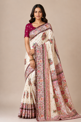 white embroidery flower border with minakari jaqurad rajwada pasmina silk saree