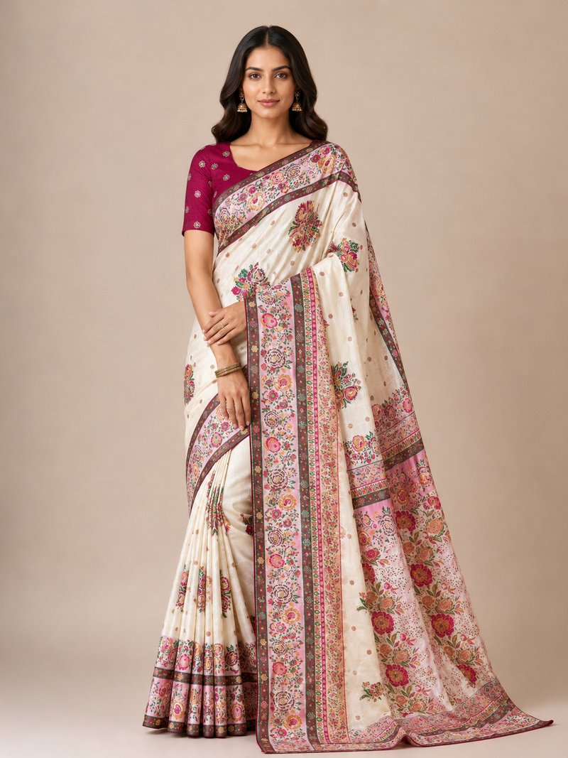 white embroidery flower border with minakari jaqurad rajwada pasmina silk saree