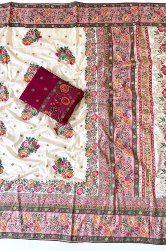 white embroidery flower border with minakari jaqurad rajwada pasmina silk saree