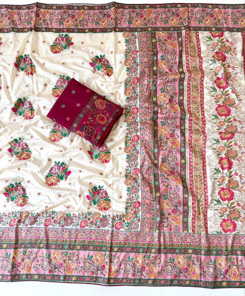 white embroidery flower border with minakari jaqurad rajwada pasmina silk saree