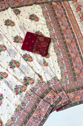 white embroidery flower border with minakari jaqurad rajwada pasmina silk saree