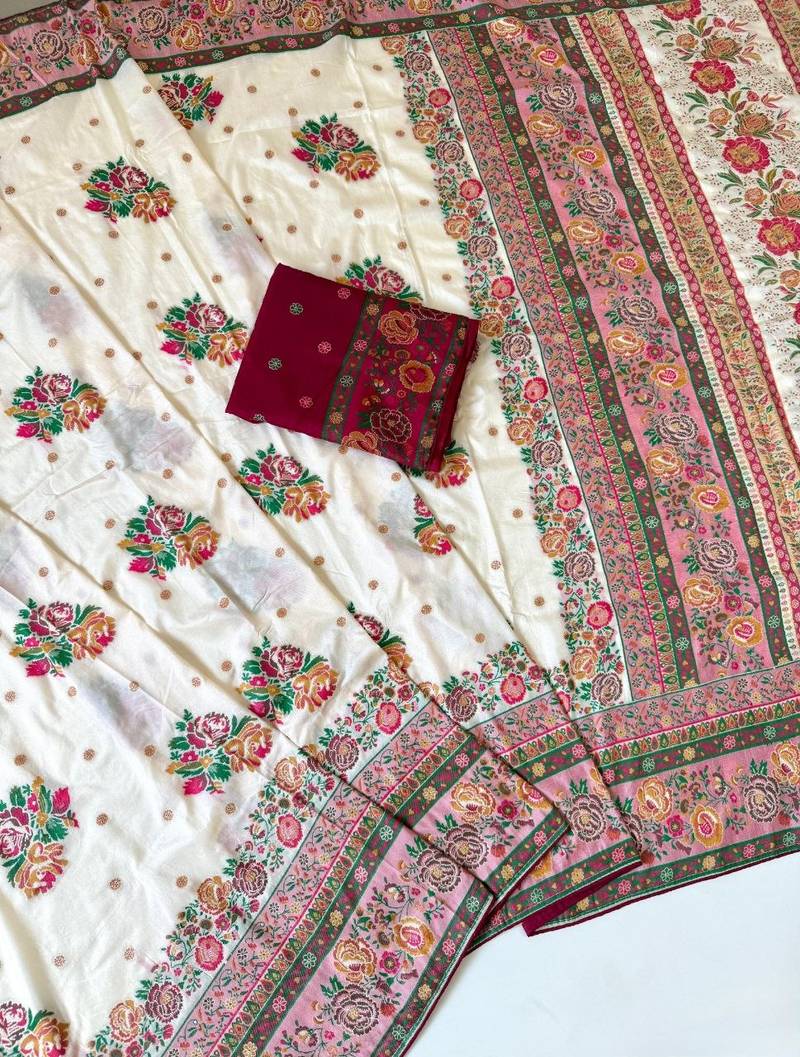 white embroidery flower border with minakari jaqurad rajwada pasmina silk saree