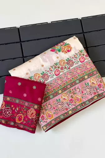 white embroidery flower border with minakari jaqurad rajwada pasmina silk saree