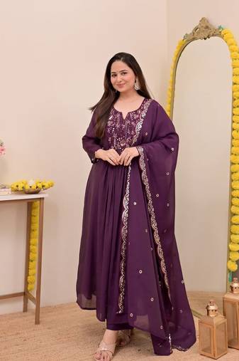 Women's Gorgeous Embroidery Work Chanderi Sik Fabric Flared Anarkali Pant and Dupatta Set