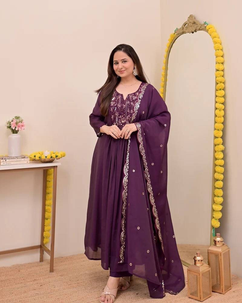 Women's Gorgeous Embroidery Work Chanderi Sik Fabric Flared Anarkali Pant and Dupatta Set