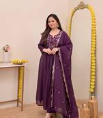 Women's Gorgeous Embroidery Work Chanderi Sik Fabric Flared Anarkali Pant and Dupatta Set