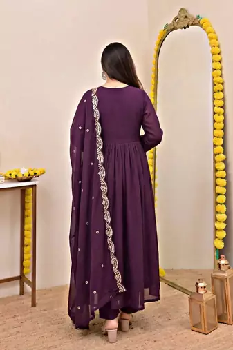 Women's Gorgeous Embroidery Work Chanderi Sik Fabric Flared Anarkali Pant and Dupatta Set