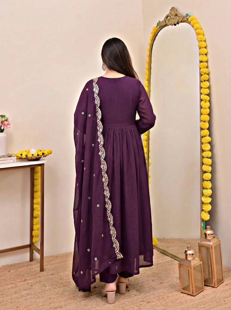 Women's Gorgeous Embroidery Work Chanderi Sik Fabric Flared Anarkali Pant and Dupatta Set