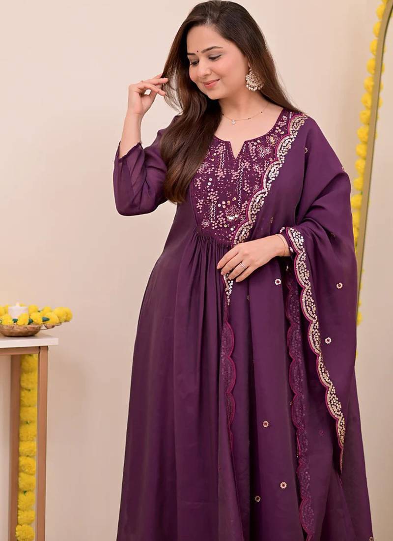 Women's Gorgeous Embroidery Work Chanderi Sik Fabric Flared Anarkali Pant and Dupatta Set