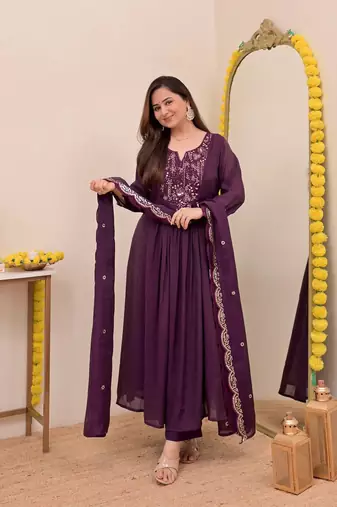 Women's Gorgeous Embroidery Work Chanderi Sik Fabric Flared Anarkali Pant and Dupatta Set