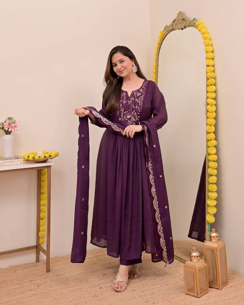 Women's Gorgeous Embroidery Work Chanderi Sik Fabric Flared Anarkali Pant and Dupatta Set