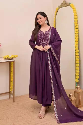 Women's Gorgeous Embroidery Work Chanderi Sik Fabric Flared Anarkali Pant and Dupatta Set