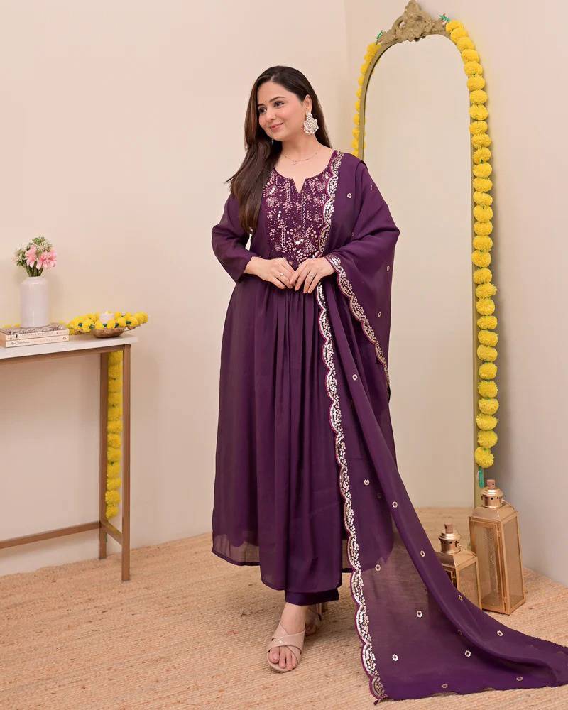 Women's Gorgeous Embroidery Work Chanderi Sik Fabric Flared Anarkali Pant and Dupatta Set