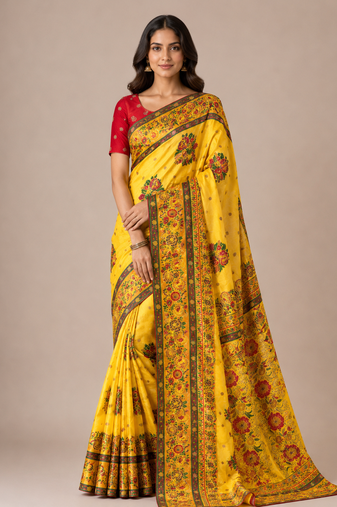 yellow embroidery flower border with minakari jaqurad rajwada pasmina silk saree