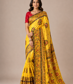 yellow embroidery flower border with minakari jaqurad rajwada pasmina silk saree