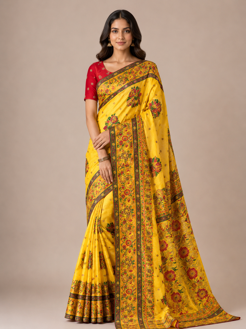 yellow embroidery flower border with minakari jaqurad rajwada pasmina silk saree