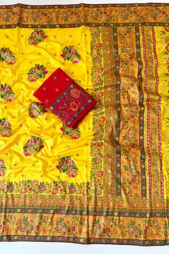 yellow embroidery flower border with minakari jaqurad rajwada pasmina silk saree
