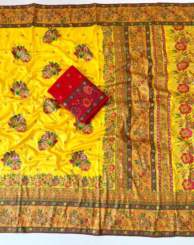 yellow embroidery flower border with minakari jaqurad rajwada pasmina silk saree