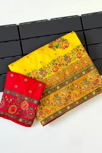 yellow embroidery flower border with minakari jaqurad rajwada pasmina silk saree