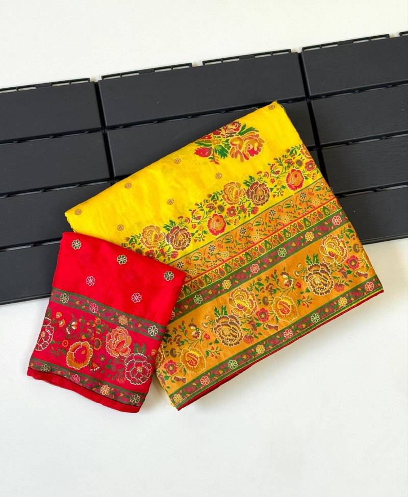 yellow embroidery flower border with minakari jaqurad rajwada pasmina silk saree