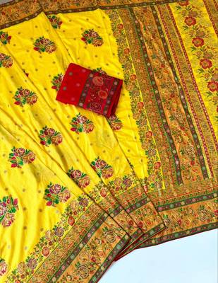 yellow embroidery flower border with minakari jaqurad rajwada pasmina silk saree 4