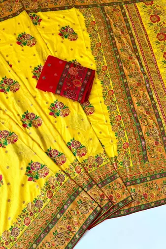 yellow embroidery flower border with minakari jaqurad rajwada pasmina silk saree