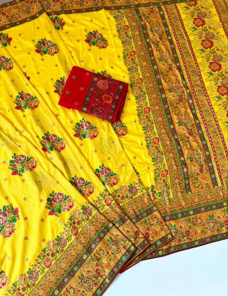 yellow embroidery flower border with minakari jaqurad rajwada pasmina silk saree