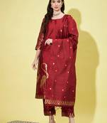 Floral printed cotton silk round neck kurta trouser & dupatta set